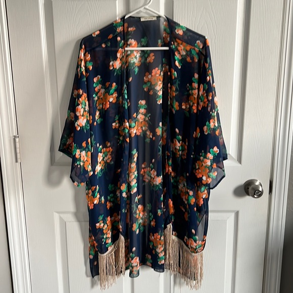 Floral Kimono with Gold Metallic Fringe Detailing - Picture 1 of 5